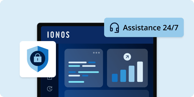 Interface IONOS avec une icône de sécurité et la mention Assistance 24/7, qui représente une protection fiable et une assistance disponible à toute heure.