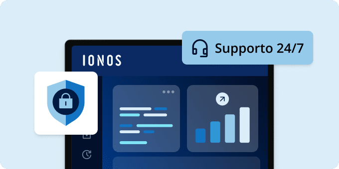 Interfaccia IONOS con icona di sicurezza e indicazione Supporto 24/7: rappresenta una protezione affidabile e un supporto disponibile a ogni ora.