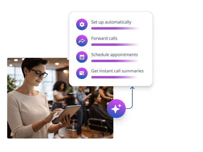 Business professional using a smartphone with an overlay listing key features: set up automatically, forward calls, schedule appointments and get instant call summaries