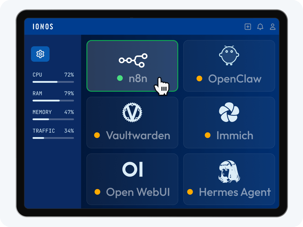 IONOS-Tablet mit verschiedenen Anwendungen, darunter n8n, OpenClaw, Vaultwarden, Immich, Open WebUI und Hermes Agent.