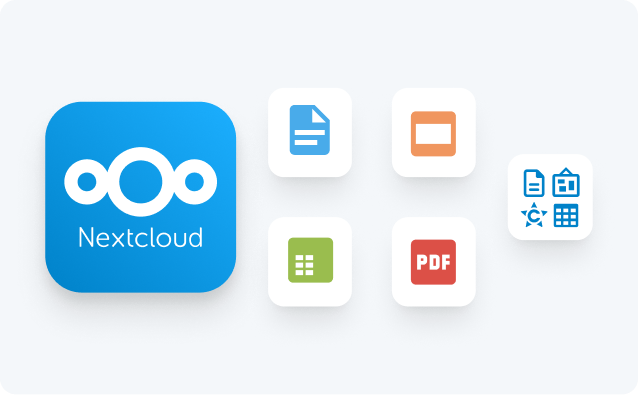 Nextcloud-Logo und verschiedene Dateisymbole wie Textdokument, Bild, Tabellenkalkulation, PDF und Präsentation.