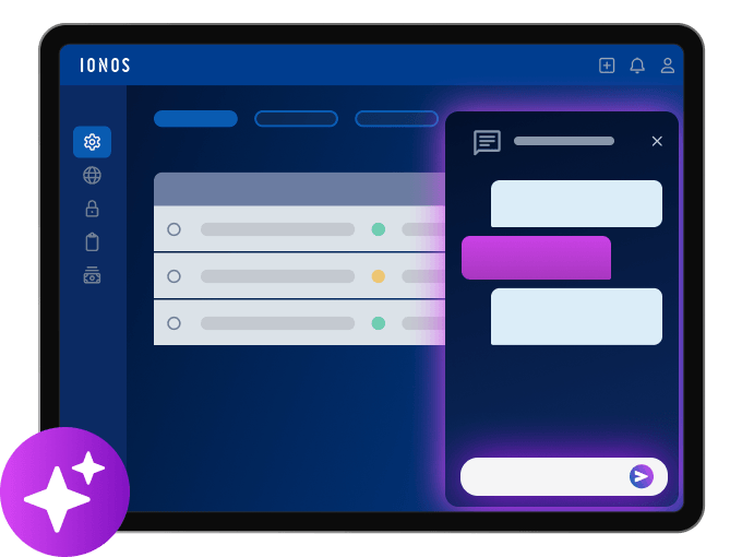 IONOS-Tablet-Bildschirm mit Menüleiste und Chatfenster