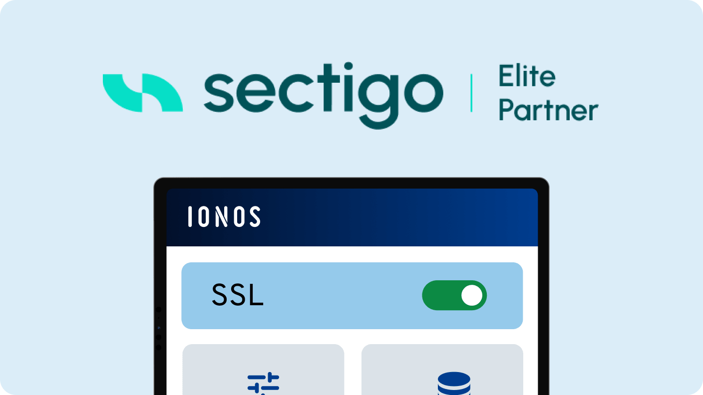 Sectigo Elite Partner-Logo und ein Bildschirm mit der Aufschrift "IONOS SSL" und einem Schalter.