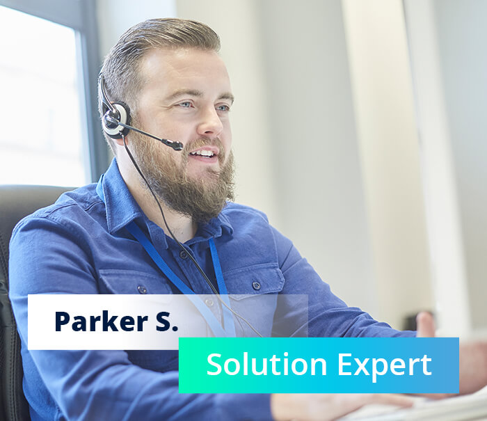 Customer support employee with headset and title: Parker S. Solution Expert 