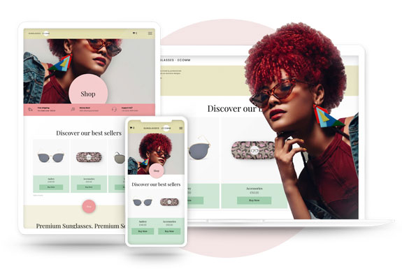 Custom online store selling sunglasses, displayed on different devices