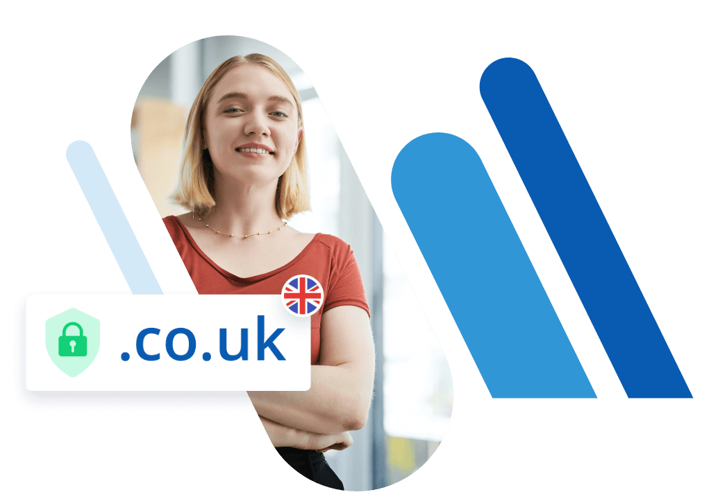 young smiling woman with co.uk. domain logo
