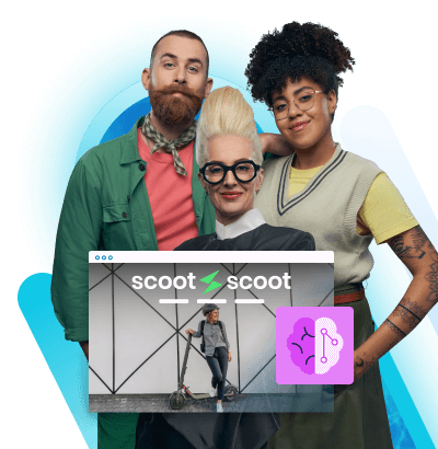 Two women, a man and a screenshot of an e-scooter website