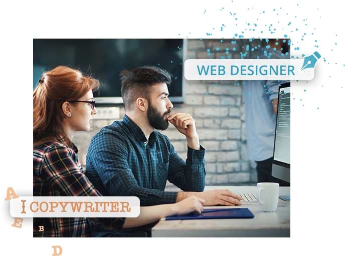 zwei Personen, die am Computer arbeiten; Text: Web Designer und Copywriter