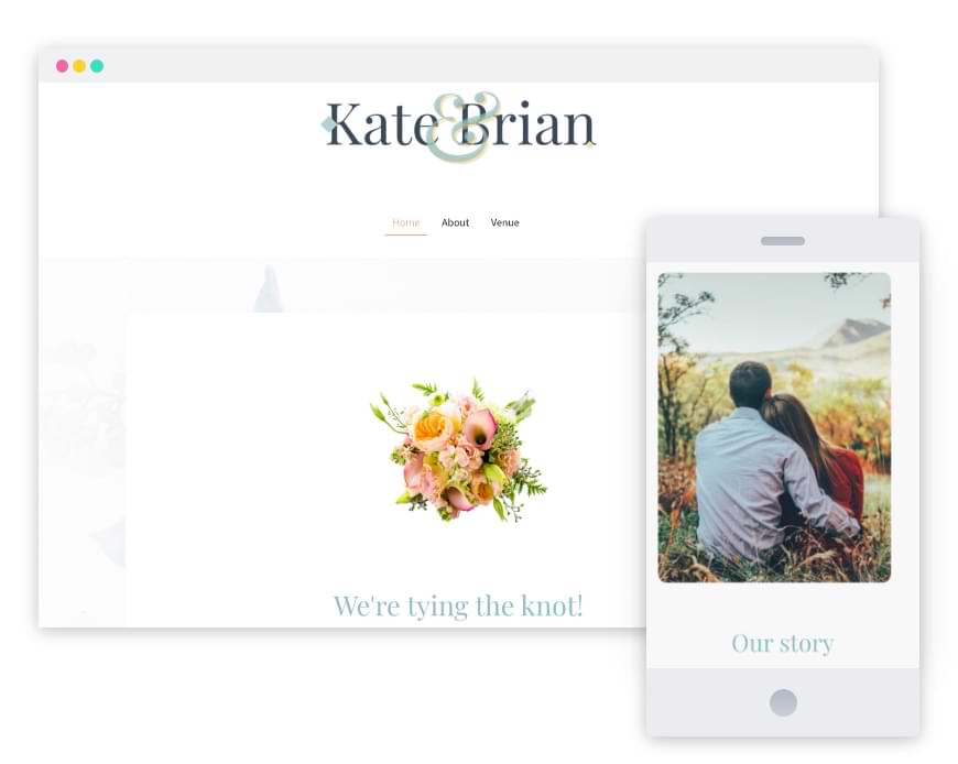 Screenshot of a wedding website with a photo of the bride and groom