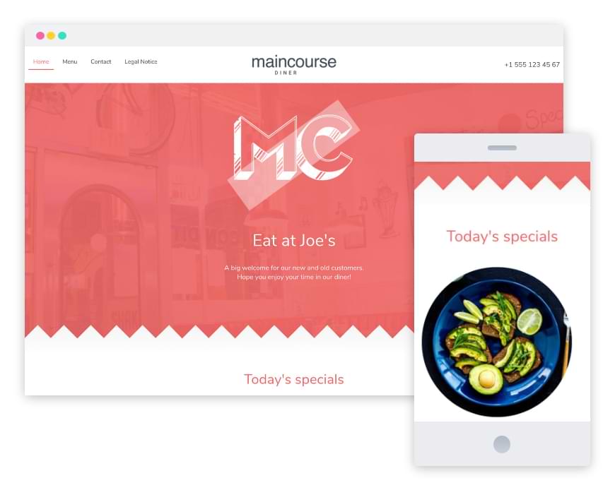 Screenshot einer Website Restaurant; Schüssel mit Essen