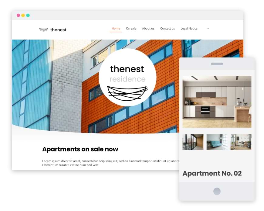Screenshot Immobilienwebsite; Gebäude und Fotos von Wohnung; Text: Apartements on sale now, Apartement No. 02