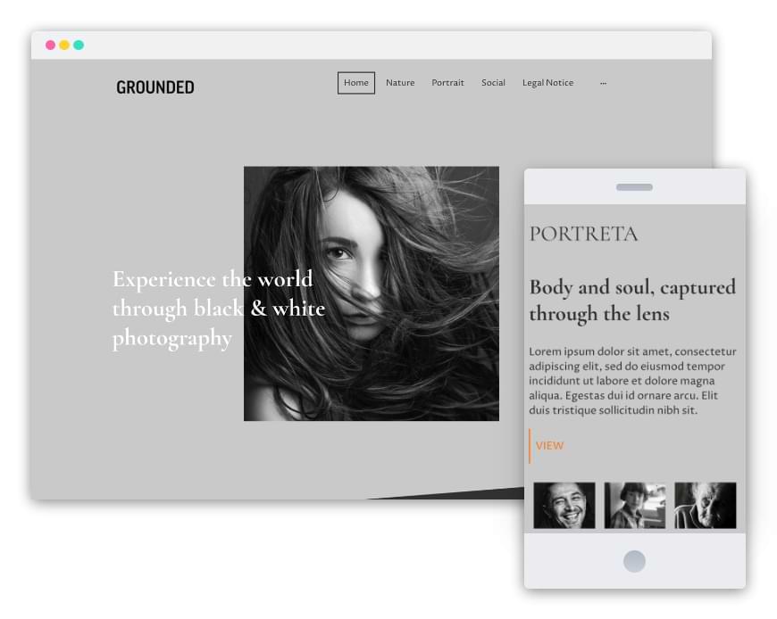 Screenshots of a portfolio website with black and white photos