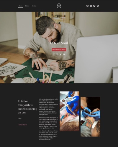 Screenshot of a portfolio website with images of a tattoo artist at work