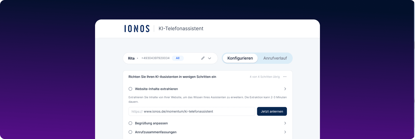 Ionos KI Telefonassistent Konfigurationsbildschirm mit verschiedenen Einstellungsoptionen.
