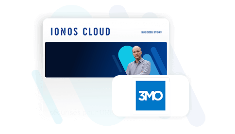 IONOS Cloud Erfolgsgeschichte mit 3MO und einem lächelnden Mann.