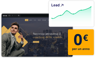 Sito web professionale con grafico dei lead in crescita e offerta “0 € per un anno”.