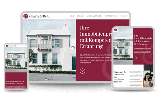Immobilien-Website mit klassischem Design und dem Schwerpunkt auf Kompetenz und Erfahrung.