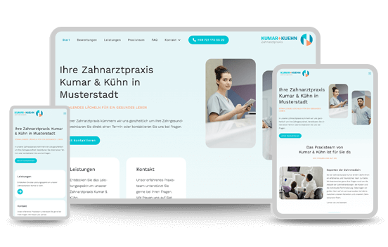 Moderne Website einer Zahnarztpraxis mit hellem, freundlichem Layout.