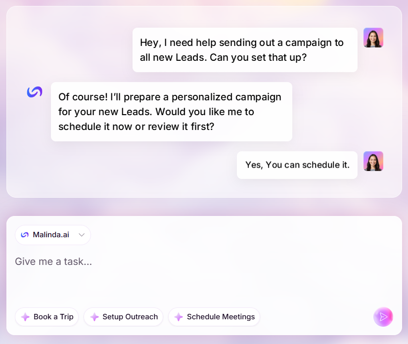 Chatverlauf zwischen zwei Personen, bei dem eine Person Hilfe bei der Einrichtung einer Kampagne für neue Leads benötigt und die andere Person zustimmt, dies zu tun.