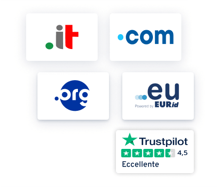 Estensioni di dominio .it, .com, .org, .eu e valutazione Trustpilot 4,5 Eccellente.