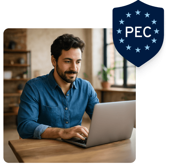 Professionista al computer con icona PEC Europea, simbolo di email certificata sicura e conforme a REM.